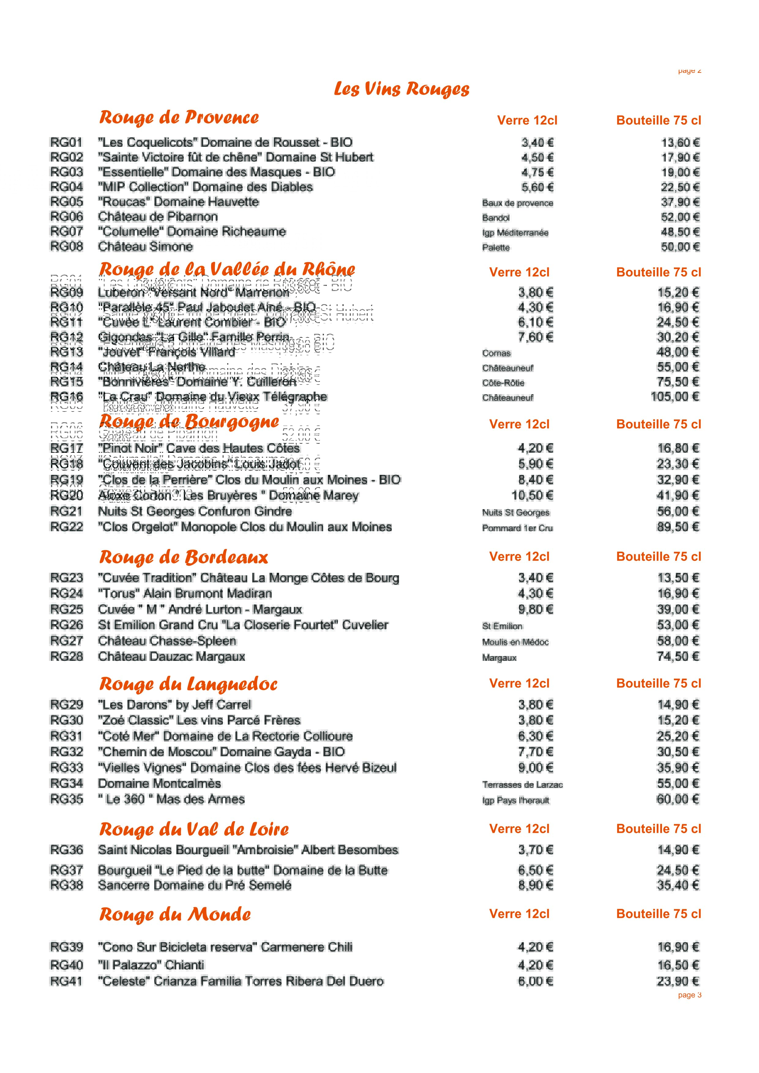 CARTE DE VINS ROUGE