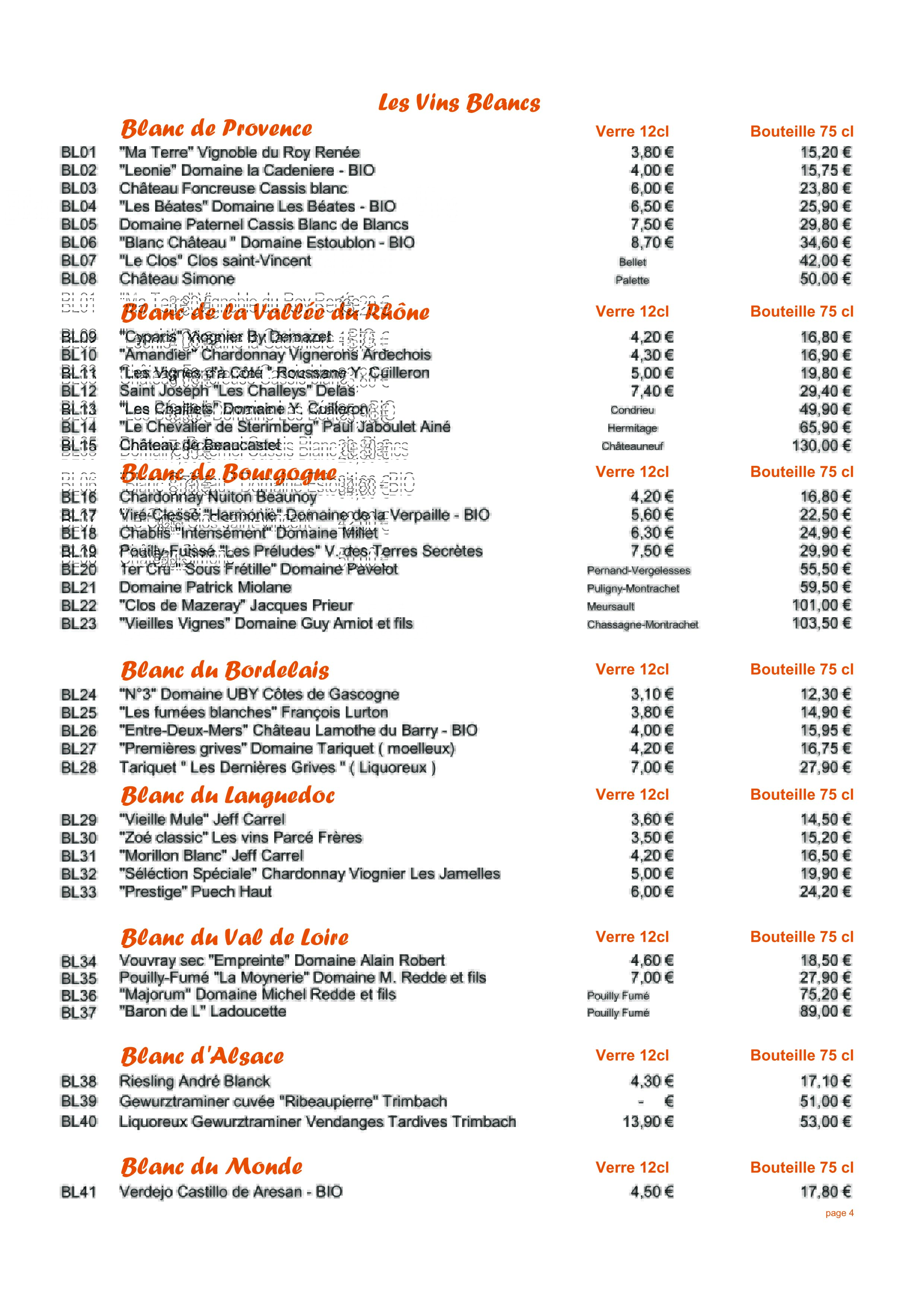 CARTE DE VIN BLANCS